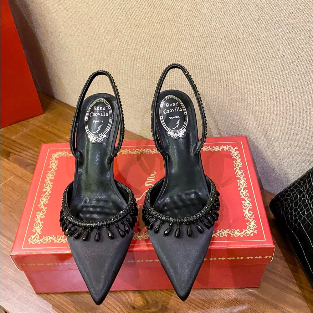 Black Beaded Pointed Slingback Pumps